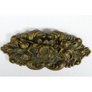 Antique Late 1800's Victorian Floral Stamped Brass Sash Pin Brown w/ C Clasp